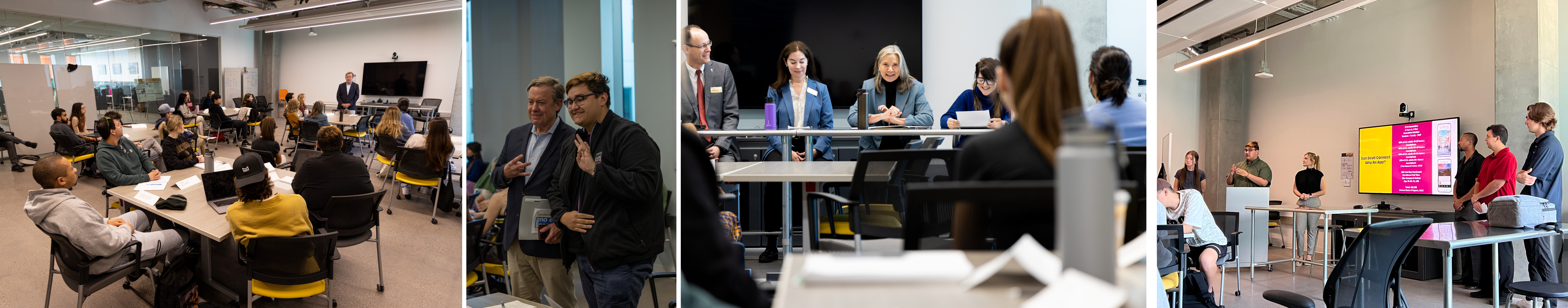 Students meeting with President Crow and a panel of deans and directors.