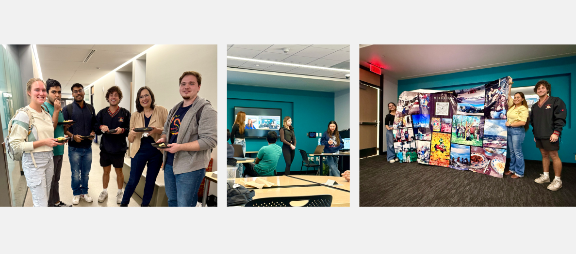 3 photos. 1) students eating tacos, 2) students presenting in a classroom, 3) students holding up a banner.