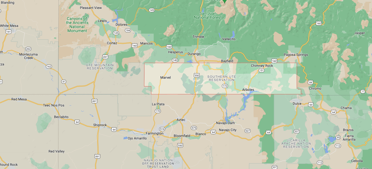 Map that details Southern Ute Reservation
